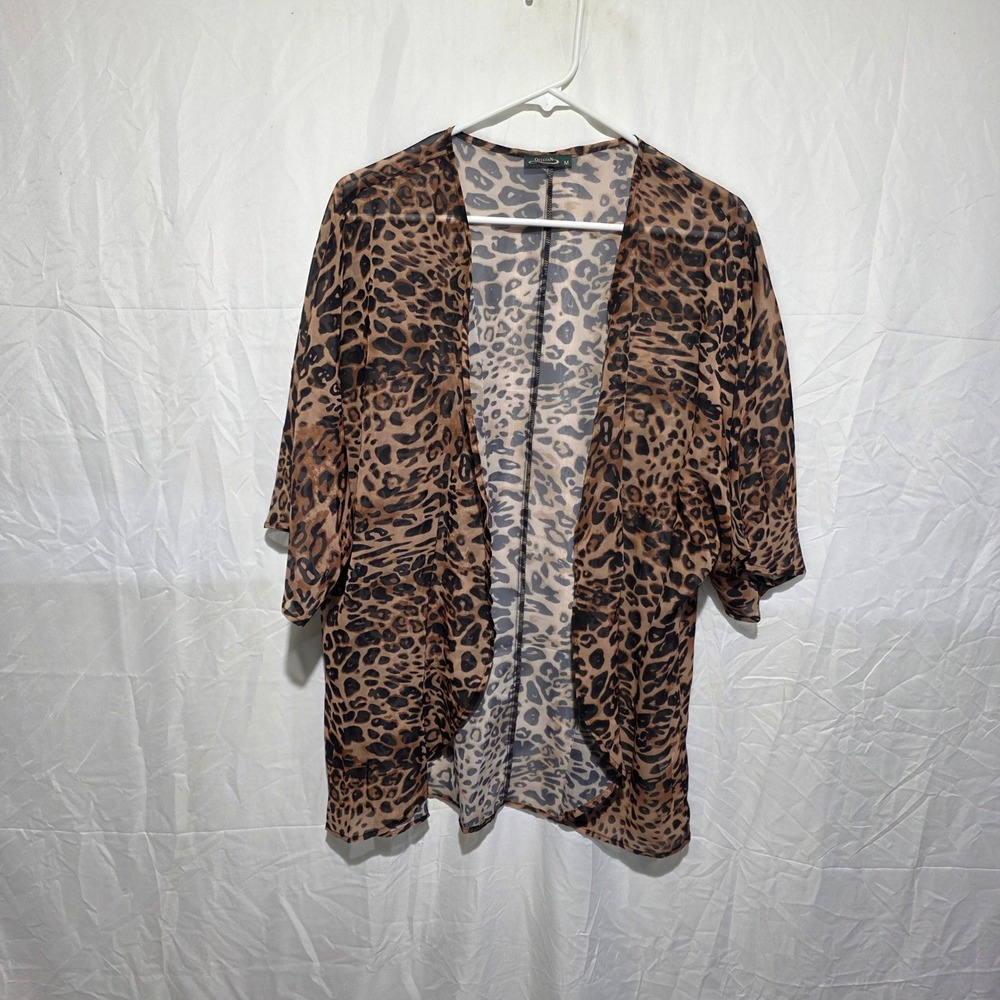 Ofeefan Leopard Print Kimono Sheer Open Front Cardigan Cover Up Brown Black M